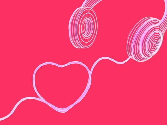 Valentines day greeting card: headphones with cable in the shape of hear