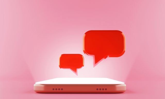 3d rendering Chat speech bubble display floating on the shining screen Smartphone.